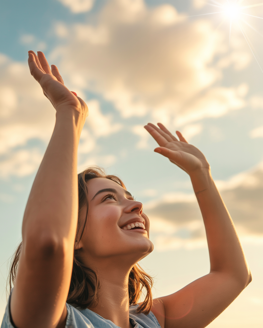 Joyful woman looking to the sky with hands raised in gratitude